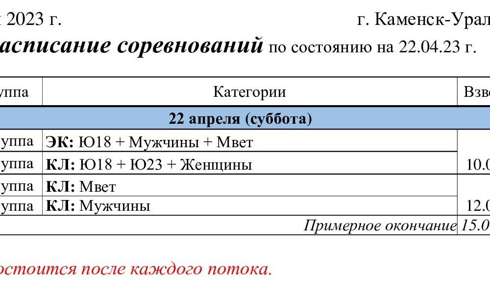 Расписание турнира по пауэрлифтингу